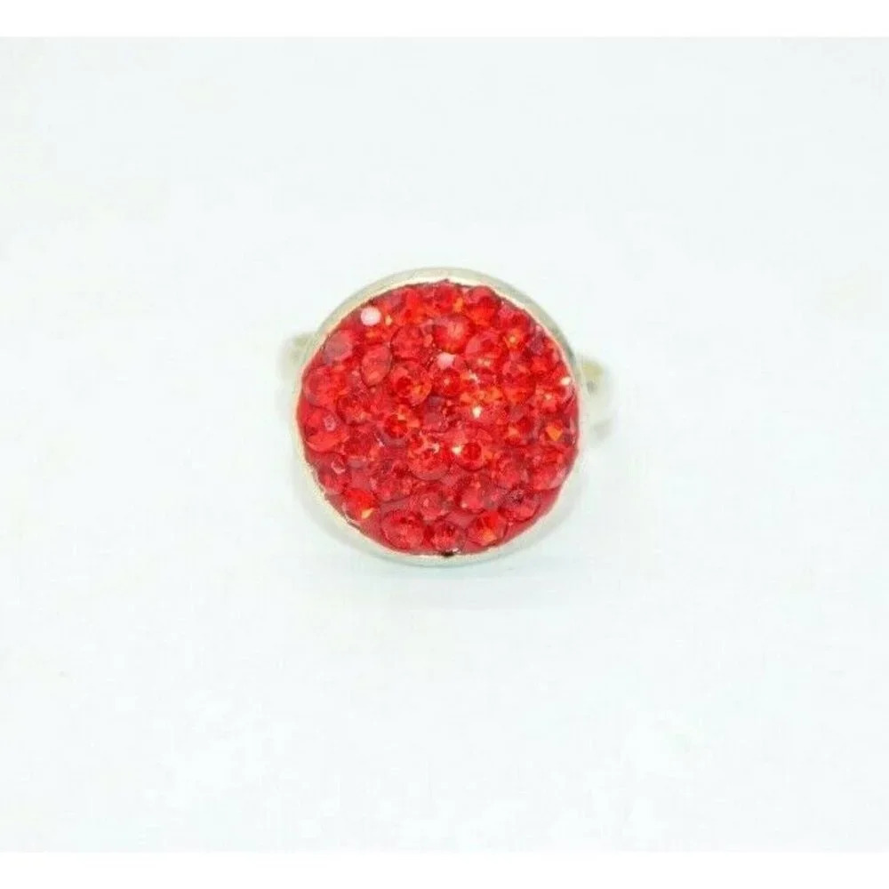 Red Rhinestone Pave Silver Tone Statement Ring 7
